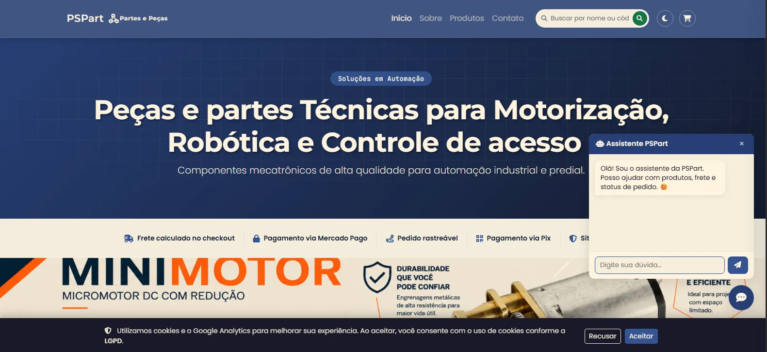 PSPart — página inicial com o assistente de compras aberto