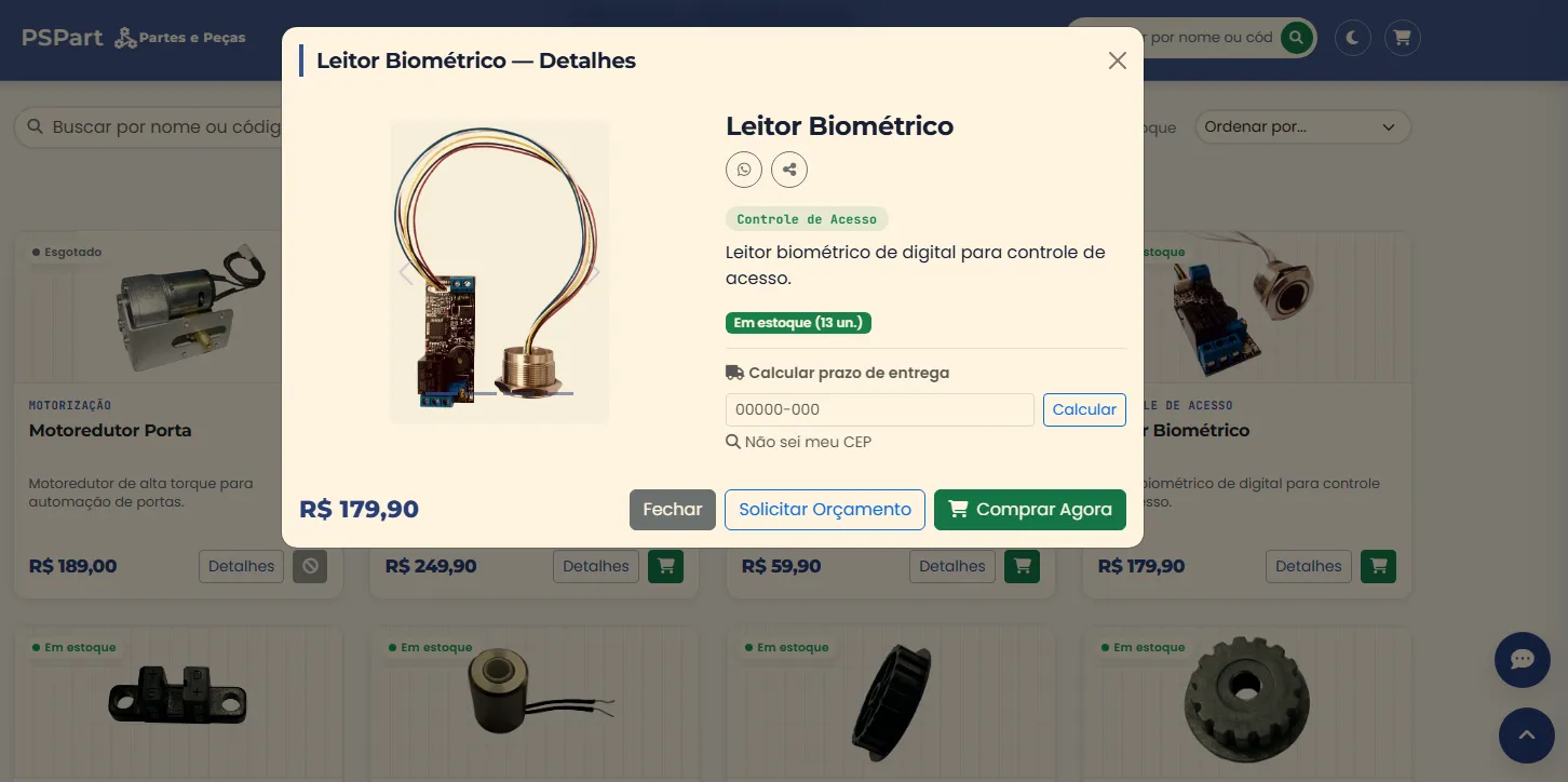 PSPart — detalhes do produto com cálculo de frete