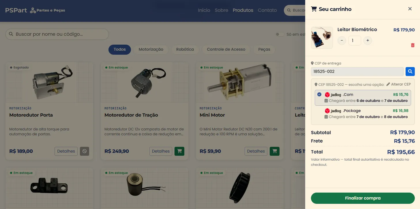 PSPart — carrinho com opções de frete