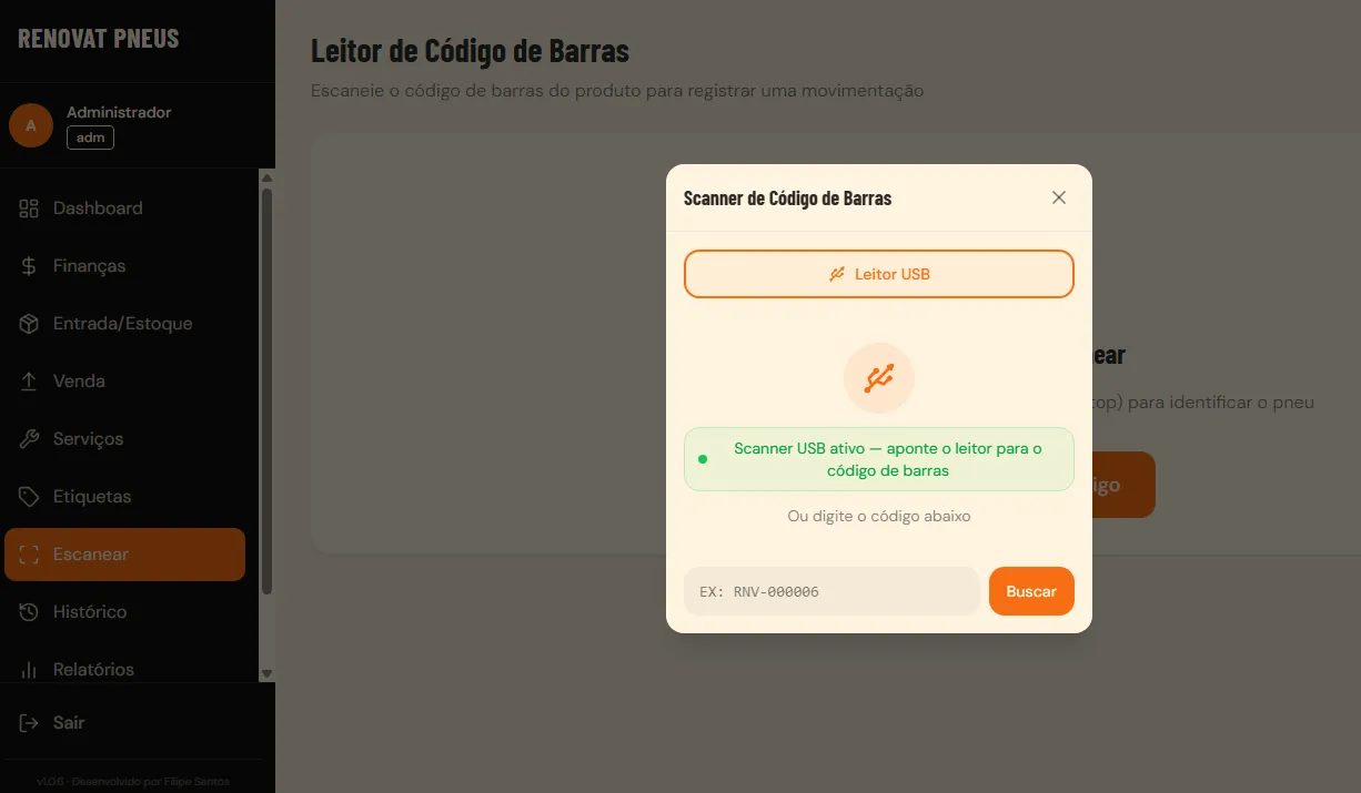 Renovat Pneus — leitor de código de barras
