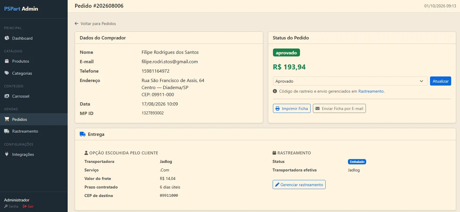 PSPart — detalhes do pedido com comprador e entrega
