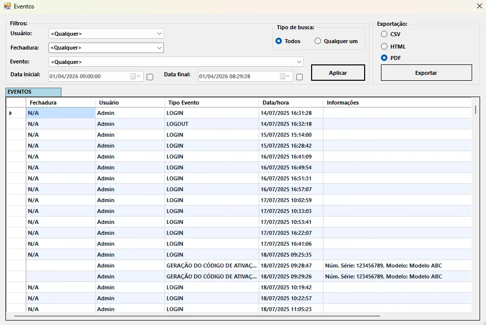 Gerenciador de senhas de fechaduras: log de eventos com filtros e exportação em CSV, HTML e PDF