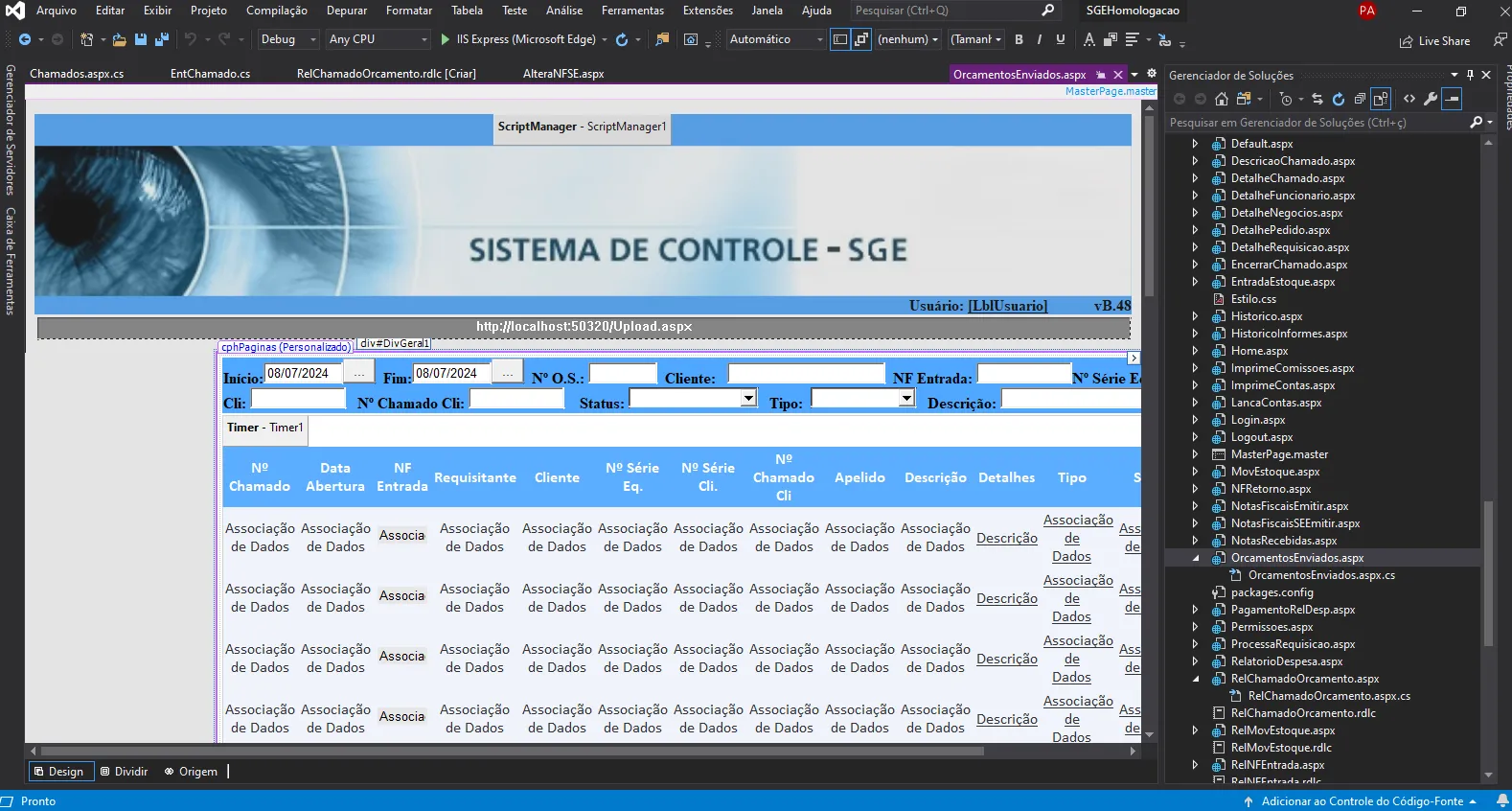 Tela de chamados do SGE em edição no Visual Studio