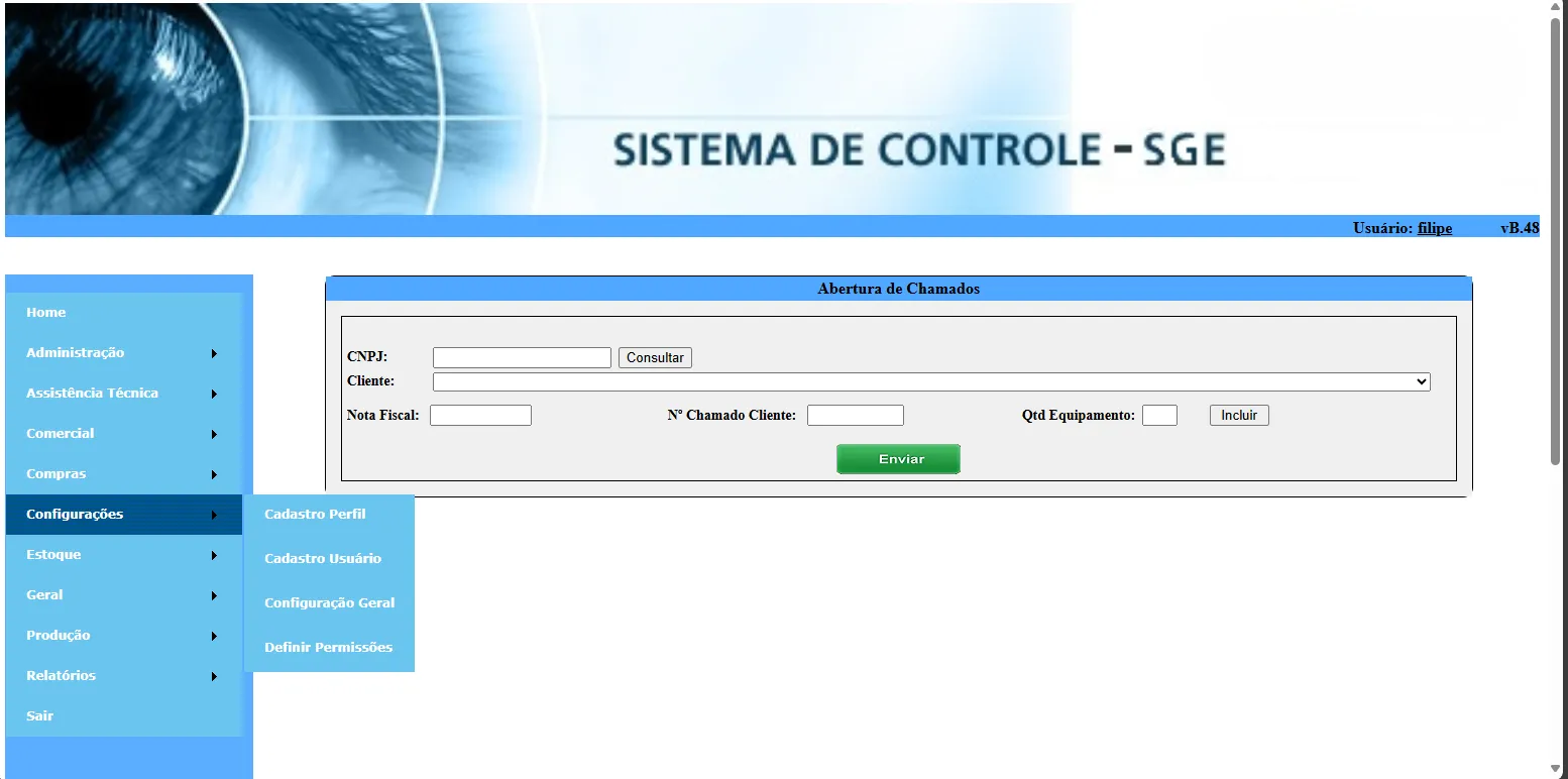 SGE — Sistema de Controle: tela de abertura de chamados com o menu de módulos