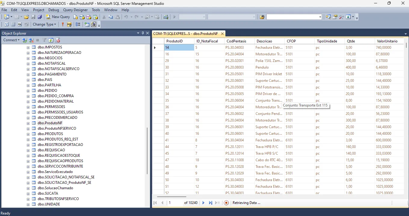 SQL Server Management Studio com as tabelas do banco do ERP